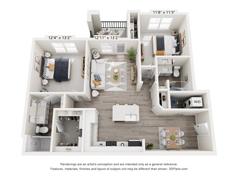 Floor plan for 2 beds, 2 baths, 1103 sqft